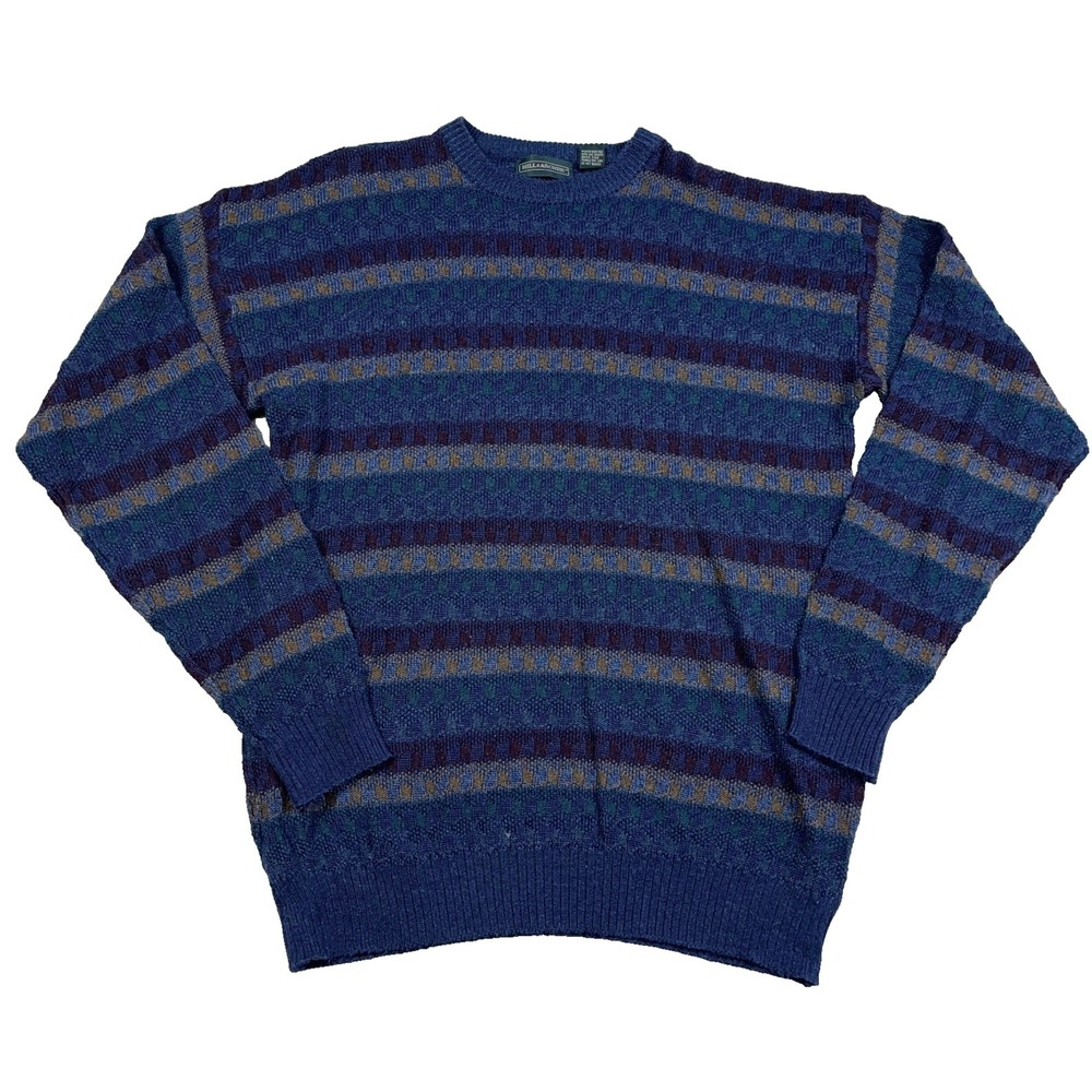 Vintage Grandpa Sweater Men Large Tall‎ Blue Striped Acrylic Knit Crewneck Y2K